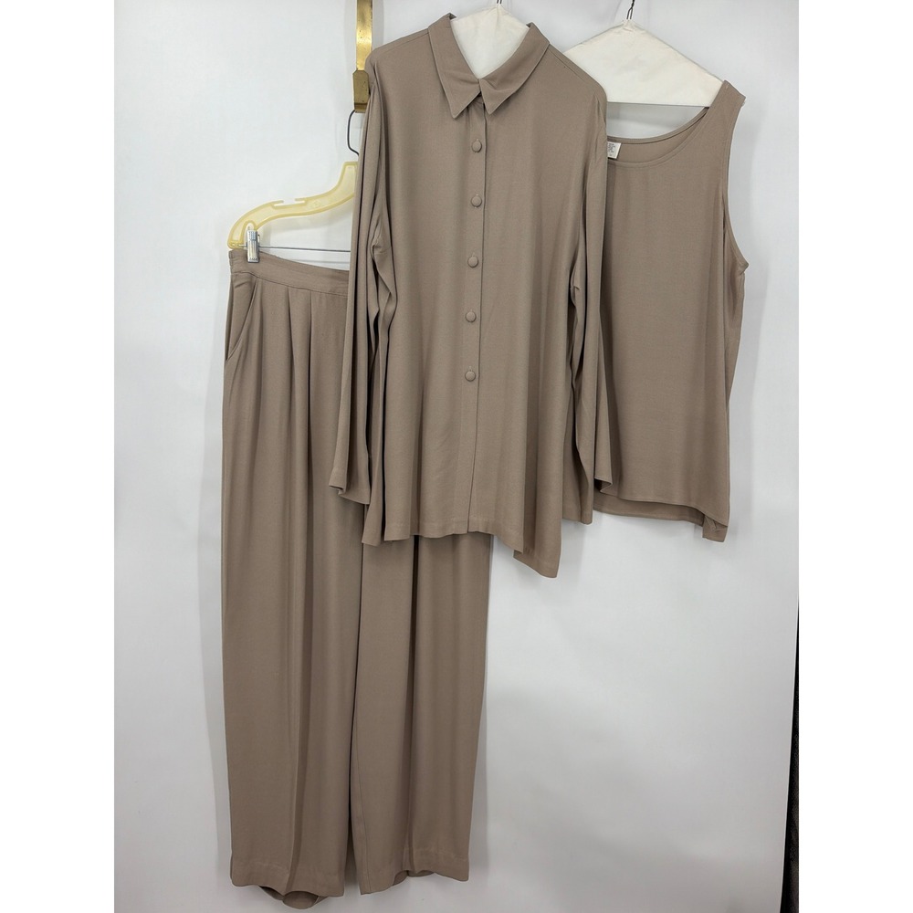 Vintage Wild Rose 3Pc Pant Suit Taupe Pleated Trousers Shirt Tank Made in USA 16